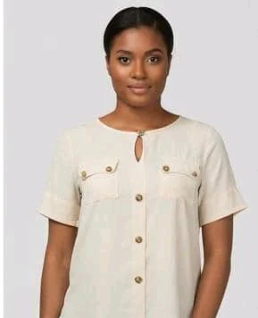 Cream Chivon Short Sleeve Blouse with Gold Buttons media 3