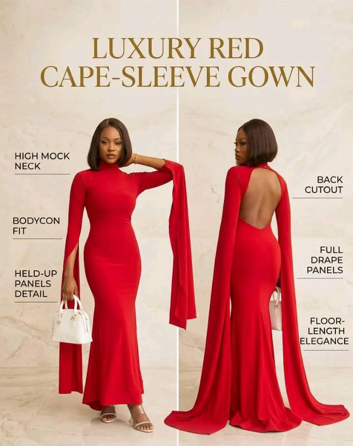 Luxury Red Cape-Sleeve Gown with Back Cutout media 3