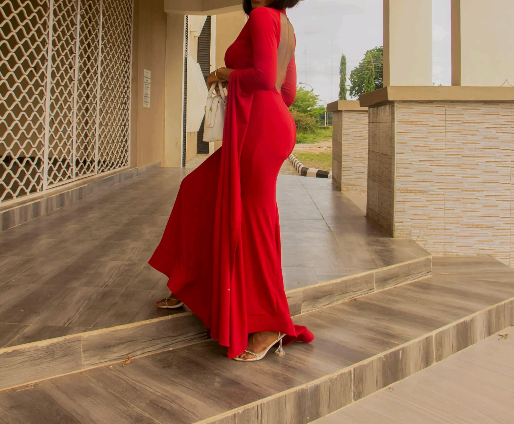 Luxury Red Cape-Sleeve Gown with Back Cutout
