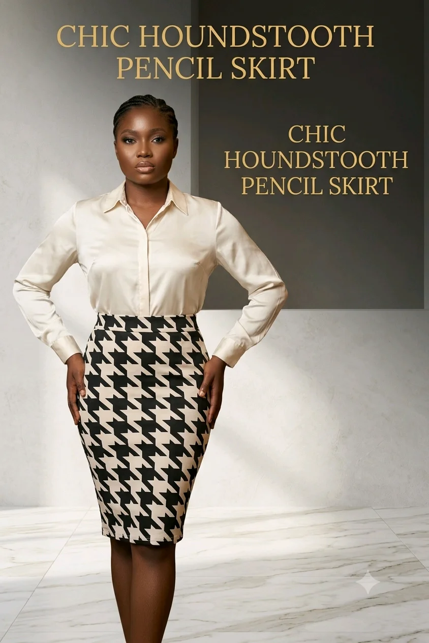 Chic Houndstooth Pencil Skirt media 2