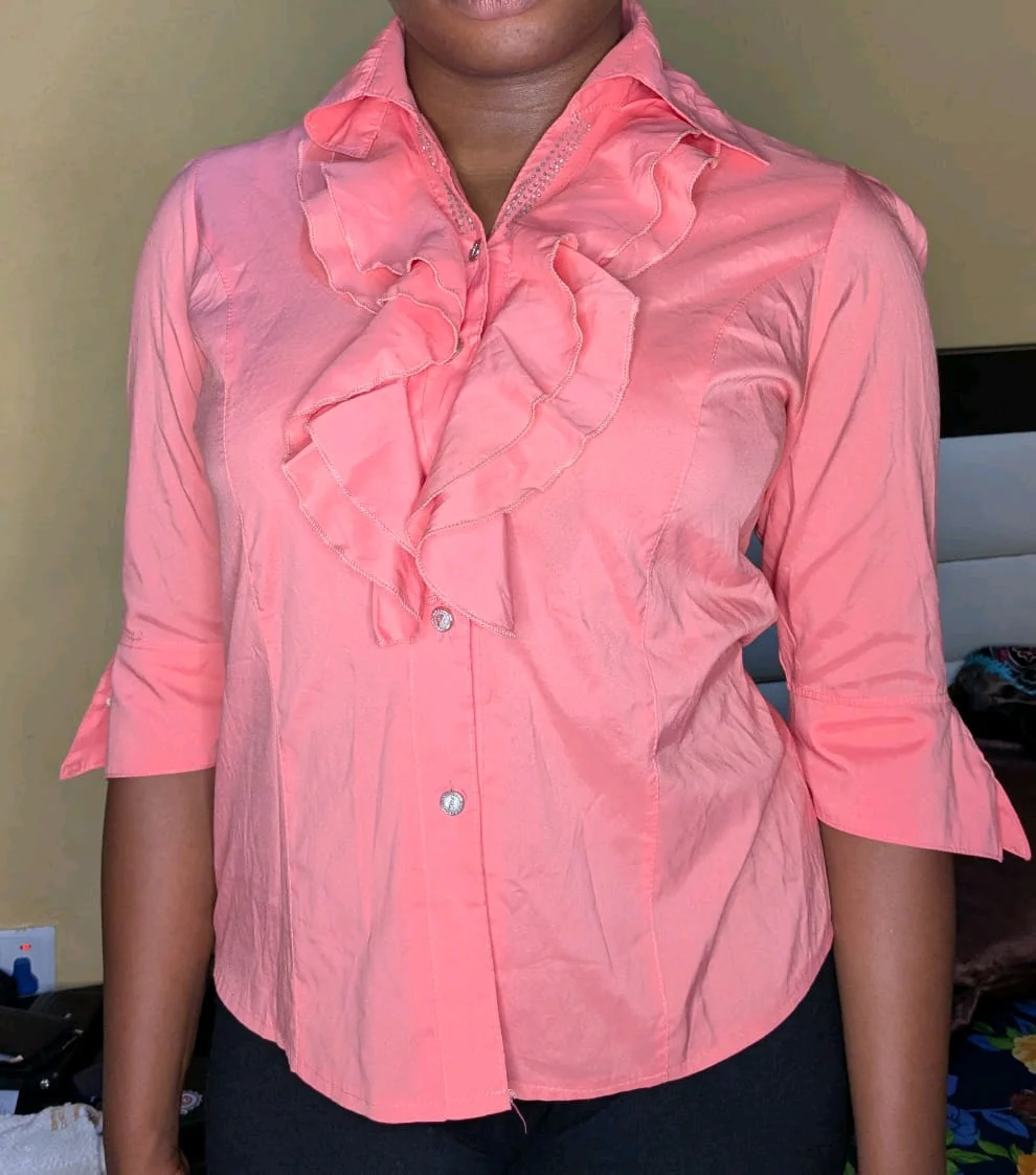 Coral Ruffled Button-Down Blouse media 2