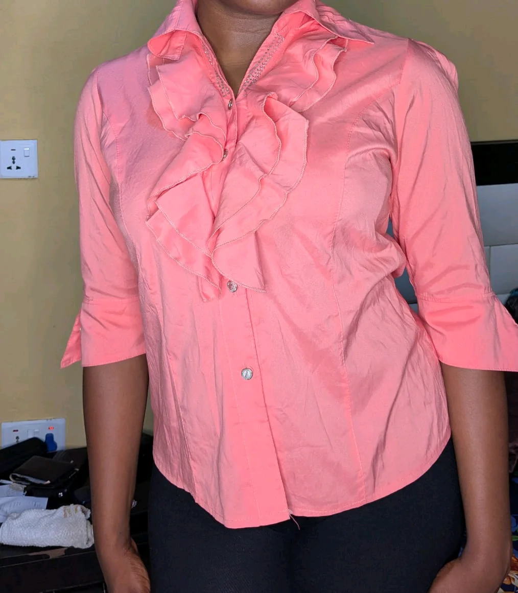 Coral Ruffled Button-Down Blouse