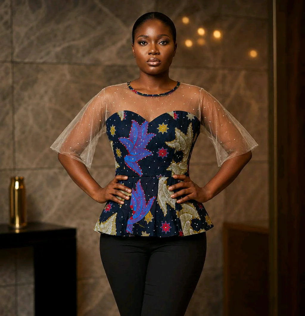 Stylish Stoned Ankara Peplum Top with Sheer Sleeves
