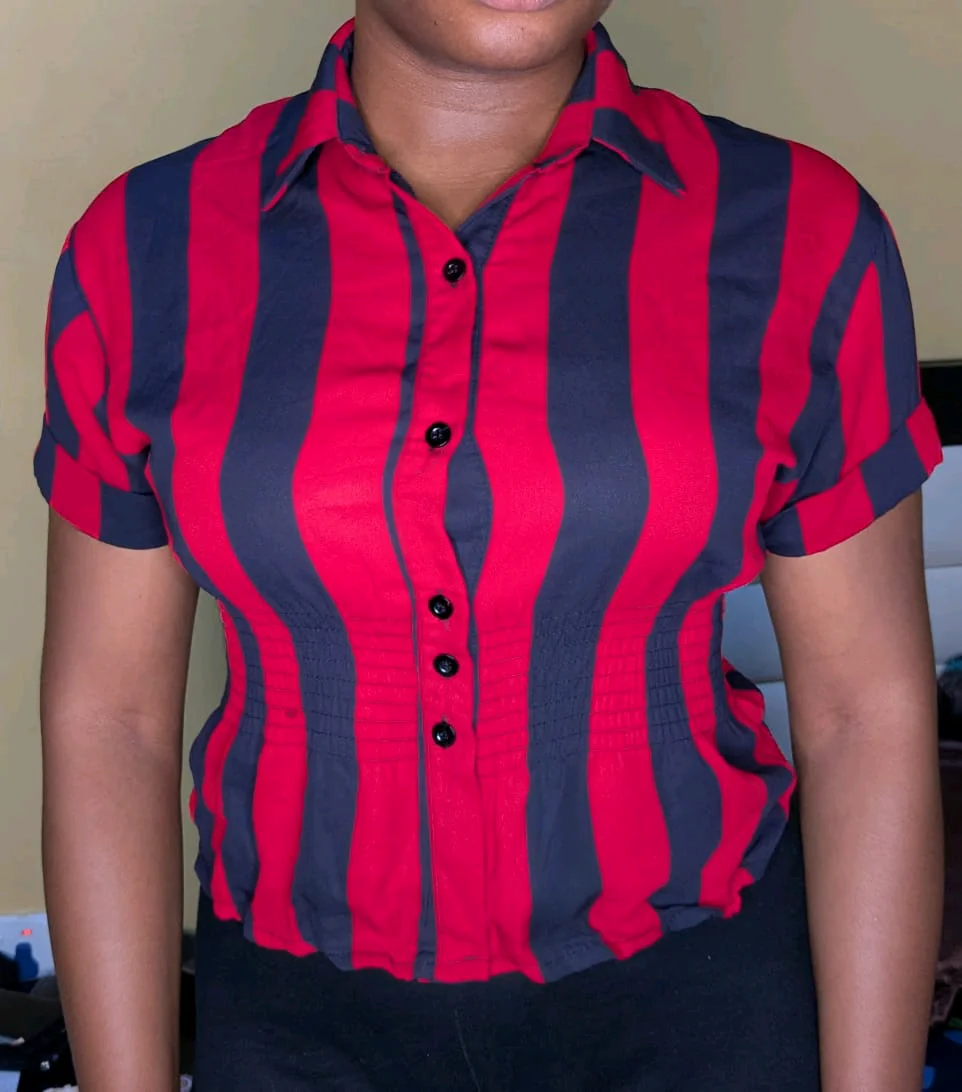 Red and Black Striped Short Sleeve Crop shirt media 2