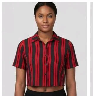 Red and Black Striped Short Sleeve Crop shirt