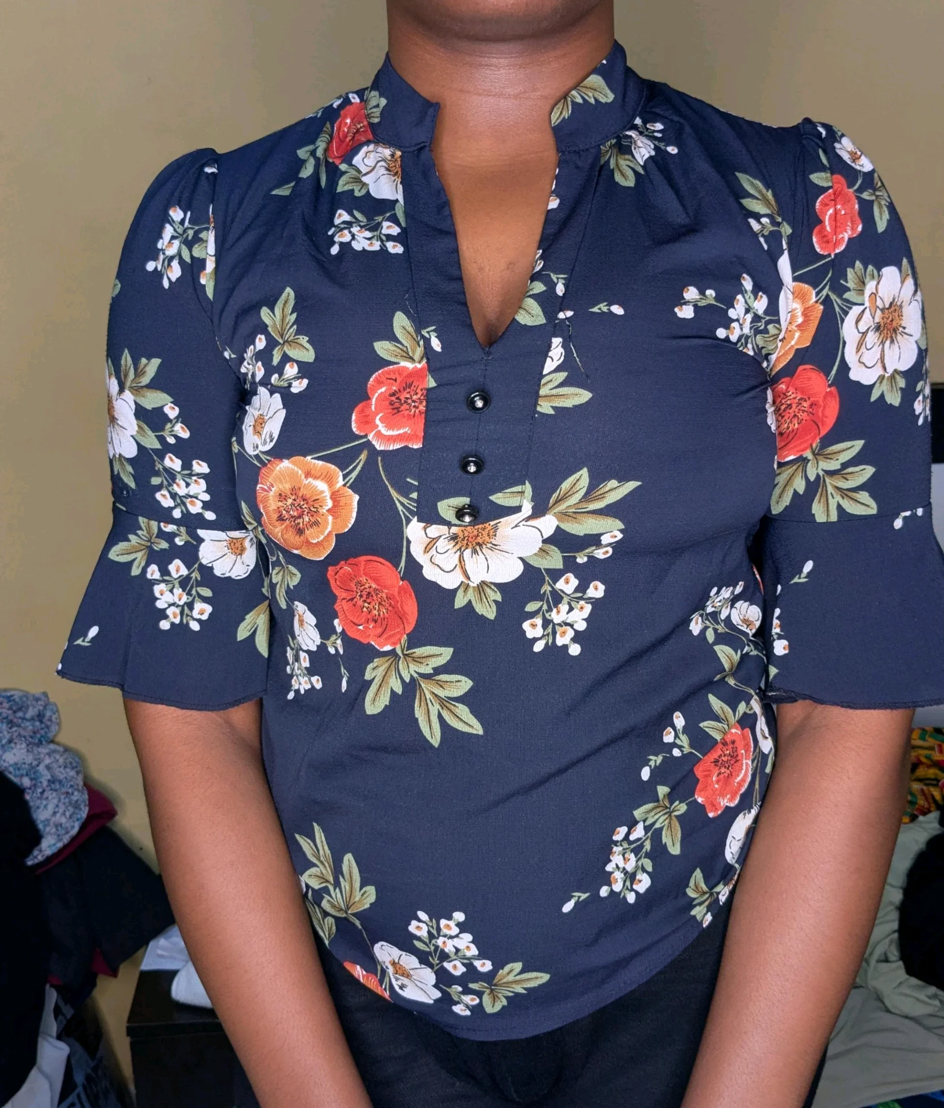 Floral Print V-Neck Blouse with Bell Sleeves media 2