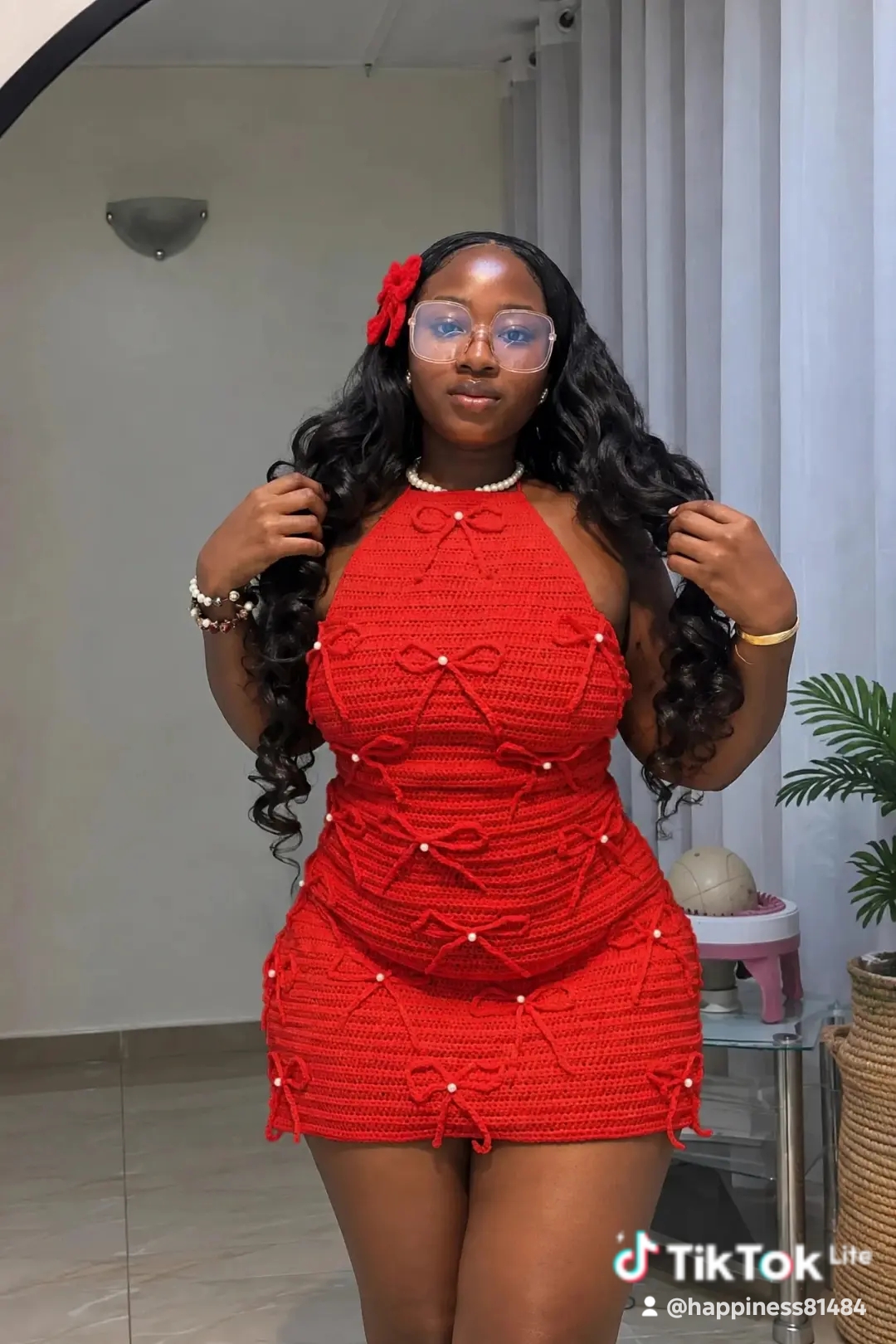 Red Crochet Mini Dress with Pearl Details