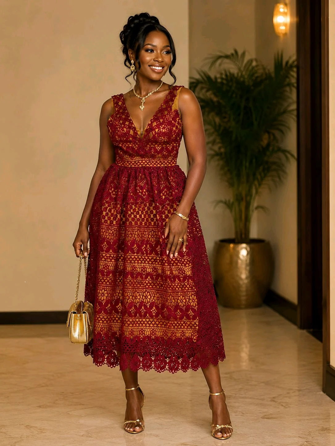 Stunning Red Gold Lace Strapless Dress – Perfect for Parties Event