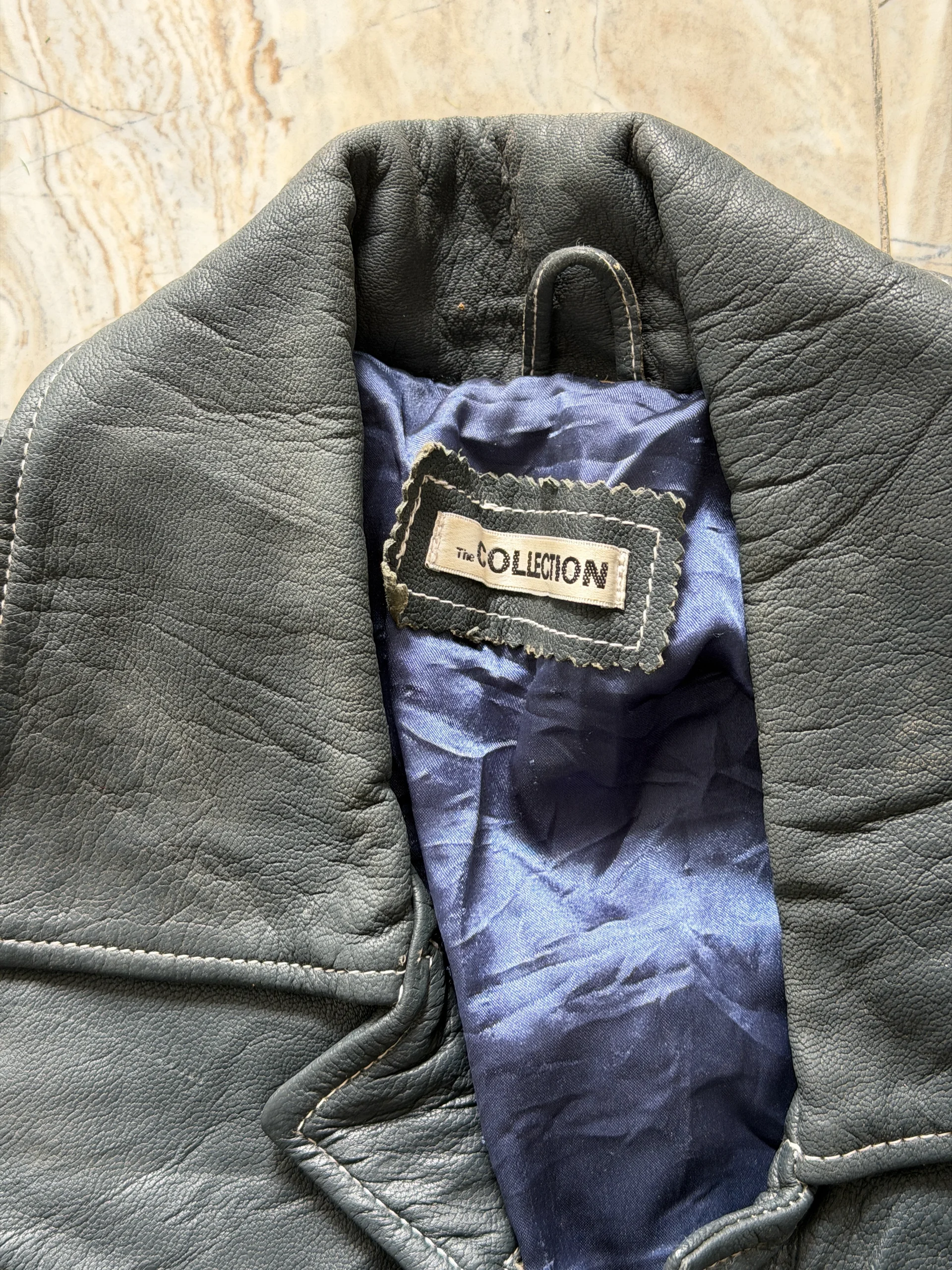 Vintage Navy Blue Leather Jacket with Blue Lining media 2