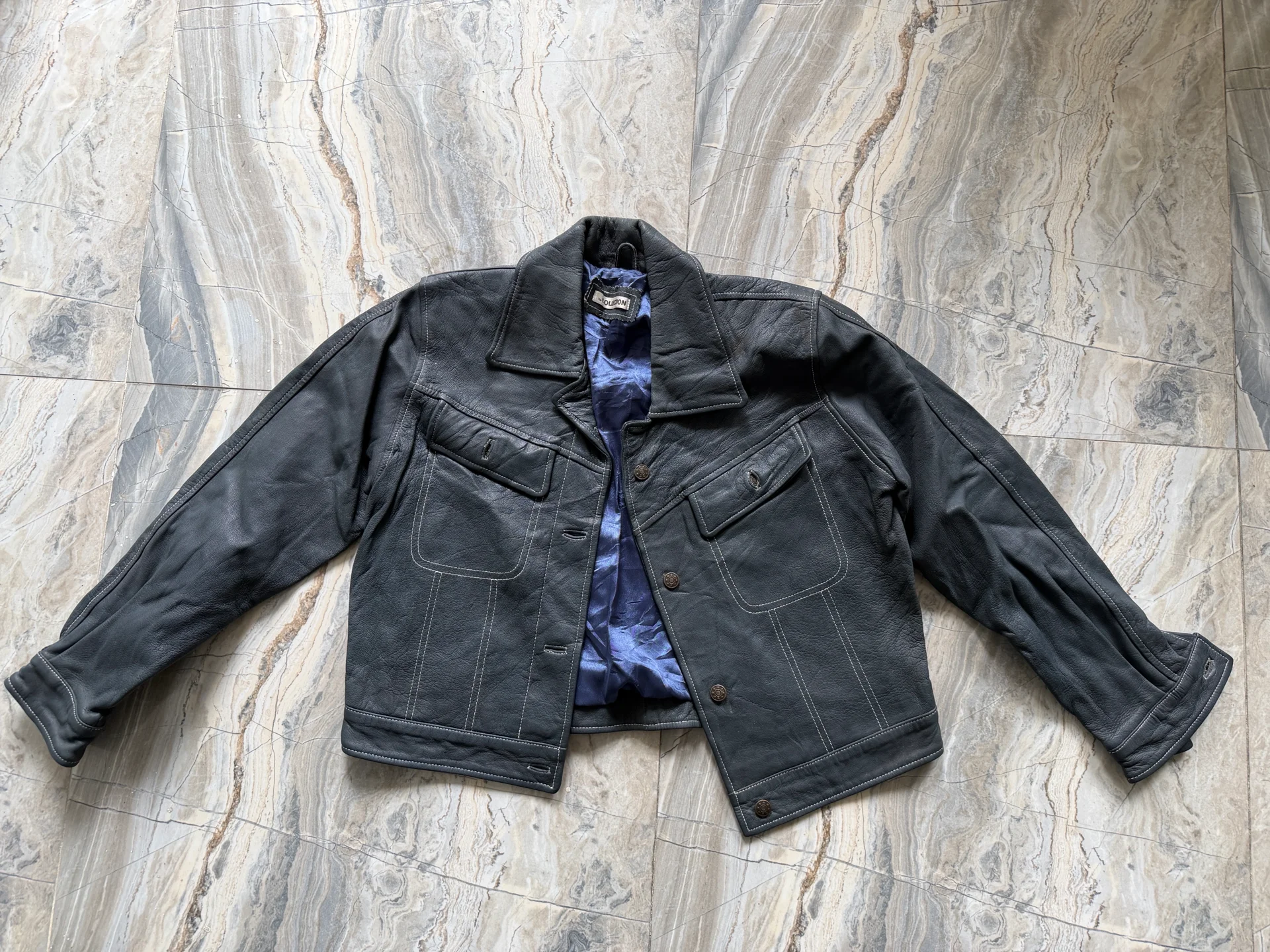 Vintage Navy Blue Leather Jacket with Blue Lining